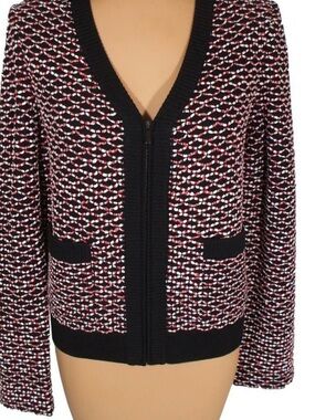 St. John Multi-Color Tweed Zip Cardigan Jacket - Black Trim
